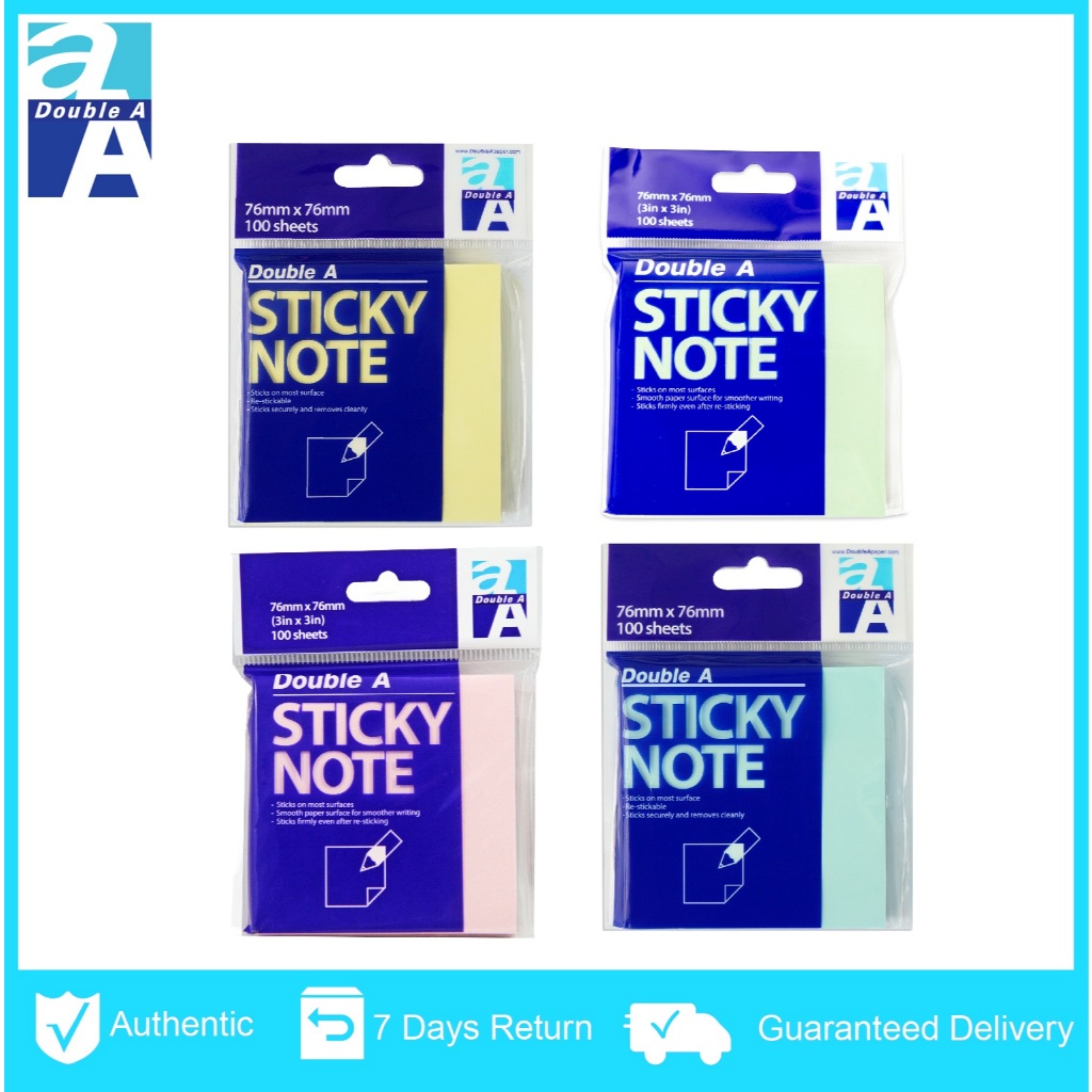 Double A Sticky Note 76mm x 76mm, Pastel Colour (4pcs Value Pack ...