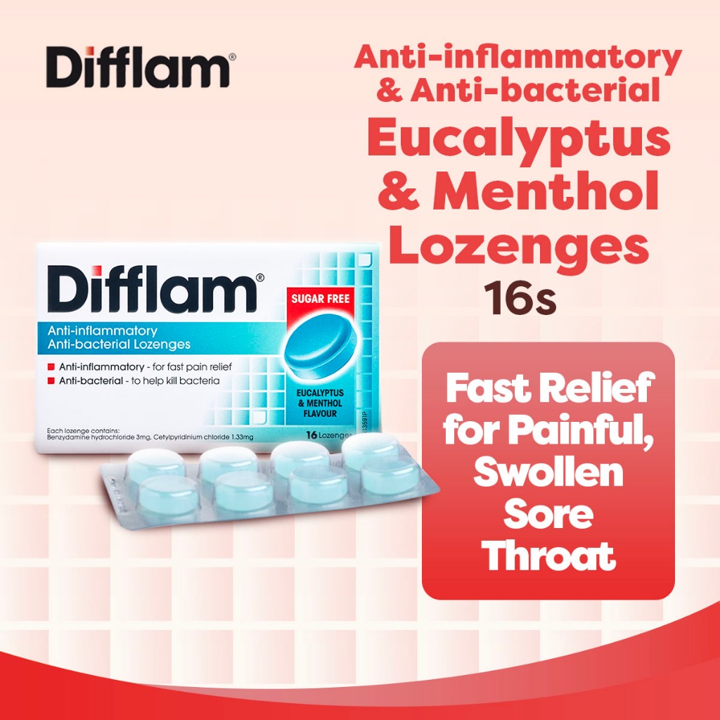 Difflam Sore Throat Relief Anti-Bacterial Lozenges Eucalyptus & Menthol ...