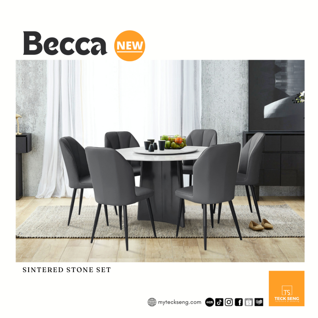 [TECK SENG] 1.35M Round Sintered Stone Dining Table Set / 1 Table + 6 ...