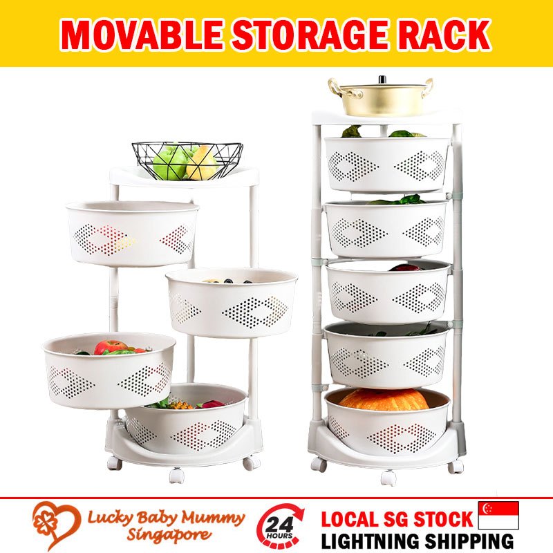 White Round Kitchen Rotating Storage Box Basket Trolley Rack Vegetable ...