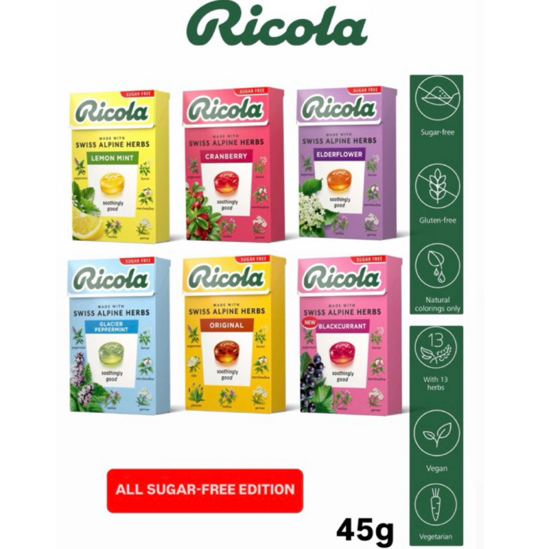 RICOLA Herb Candy Drops SUGAR FREE Assorted Flavours 45g Box, Made in ...