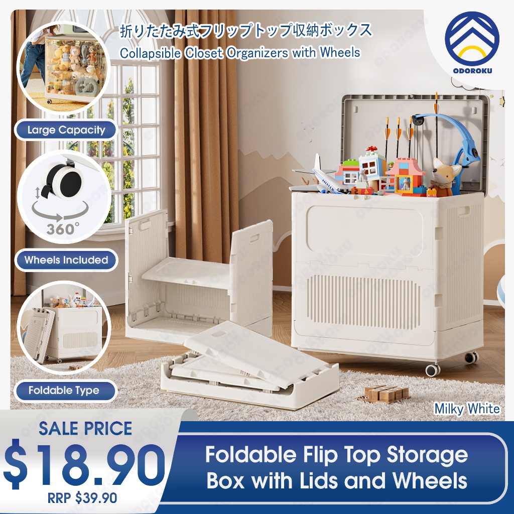 ODOROKU Foldable Flip Top Storage Box with Lids and Wheels Storage Bins ...