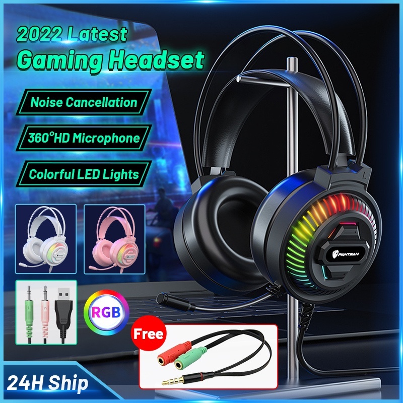 RGB Gaming Headset Colorful Lighting Noise Cancelling Headphones Pink
