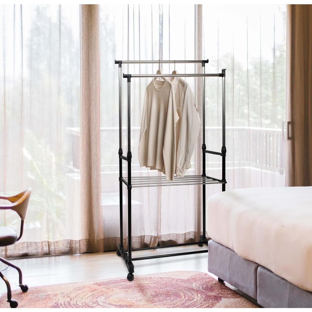 SG STOCK Stainless Steel Adjustable Clothes Rack Telescopic Wardrobe ...