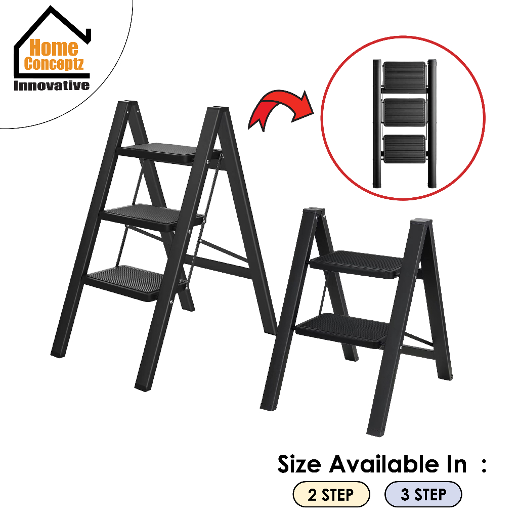 [ Household ] 2 & 3 Steps Wide Pedal Steel Ladder Foldable Step Ladder ...