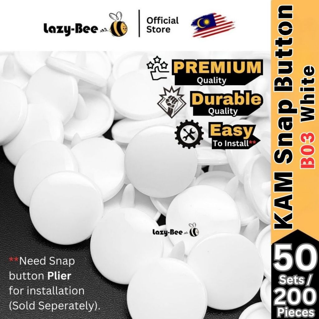 LAZY BEE B03 WHITE 50 Sets 200 pieces T3 T5 T8 KAM Snap Button Plastic ...