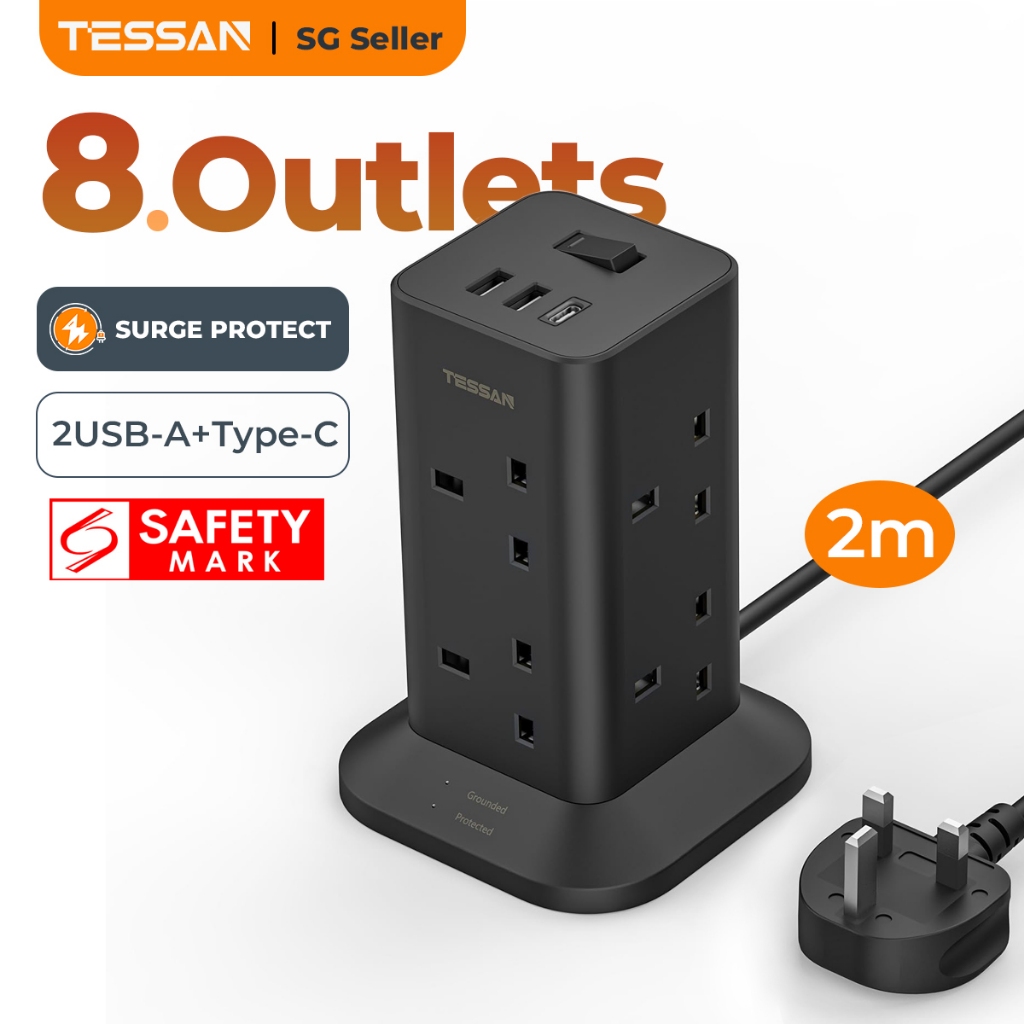 TESSAN SG Safety Mark, 8 Outlet Tower Multi Plug Extension Cord with