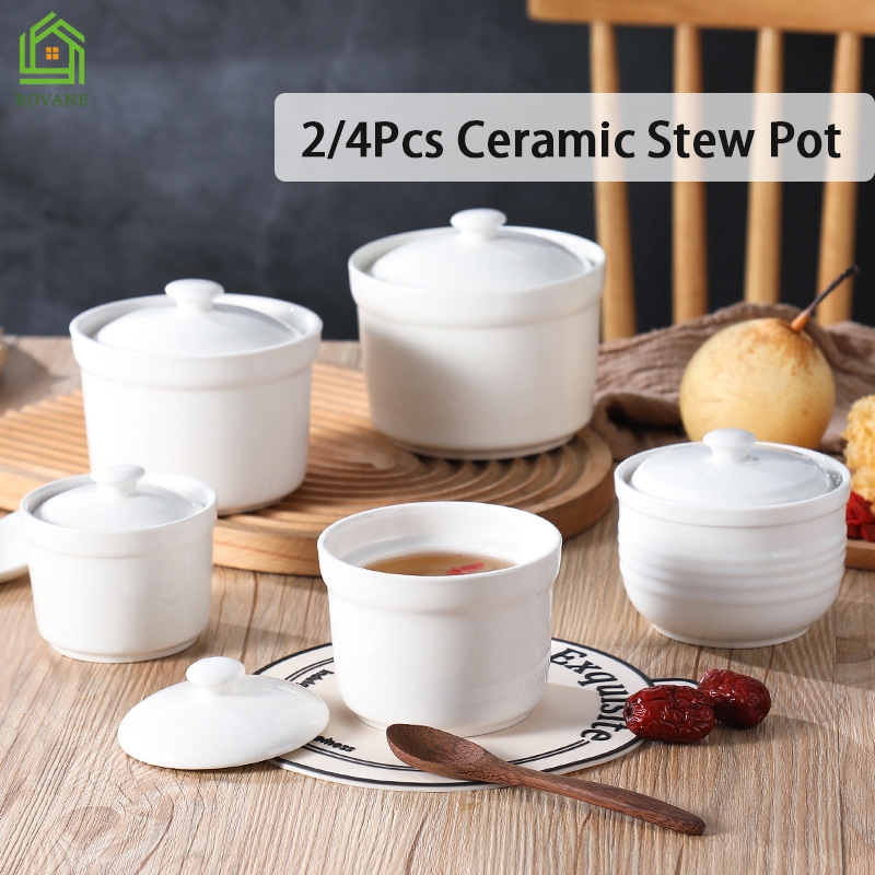 {SG} 2/4Pcs Ceramic Stew Pot With Lid Porcelain Steaming Bowl ...
