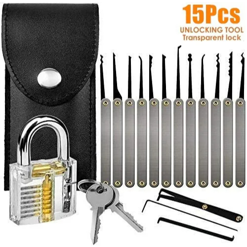 15 Pcs Lock Pick Locksmith Training Skill Set Transparent Practice Lock ...