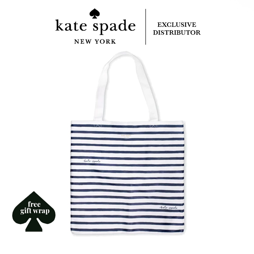 Kate Spade Stationery High capacity Bag Casual Foldable Shoulder Reusable Eco Canvas Book Tote Navy Painted Stripe Shopee Singapore