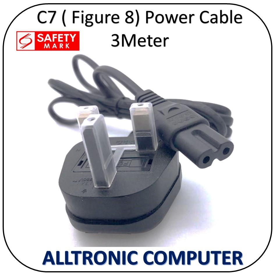 C7 Figure 8 to UK/SG 3Meter 3pin Power cord / UBILL 3M power cable C-7 ...