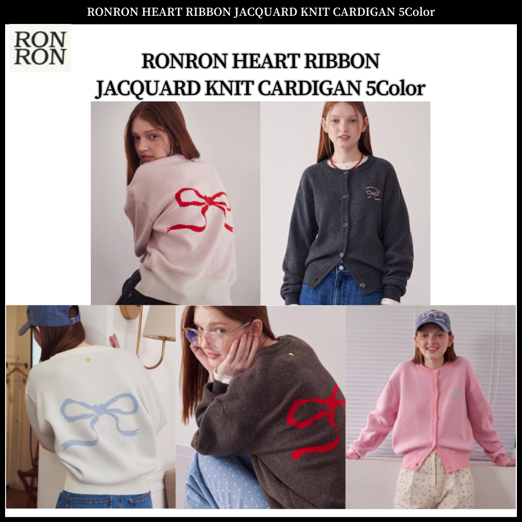 RONRON HEART RIBBON JACQUARD KNIT CARDIGAN 5Color | Shopee