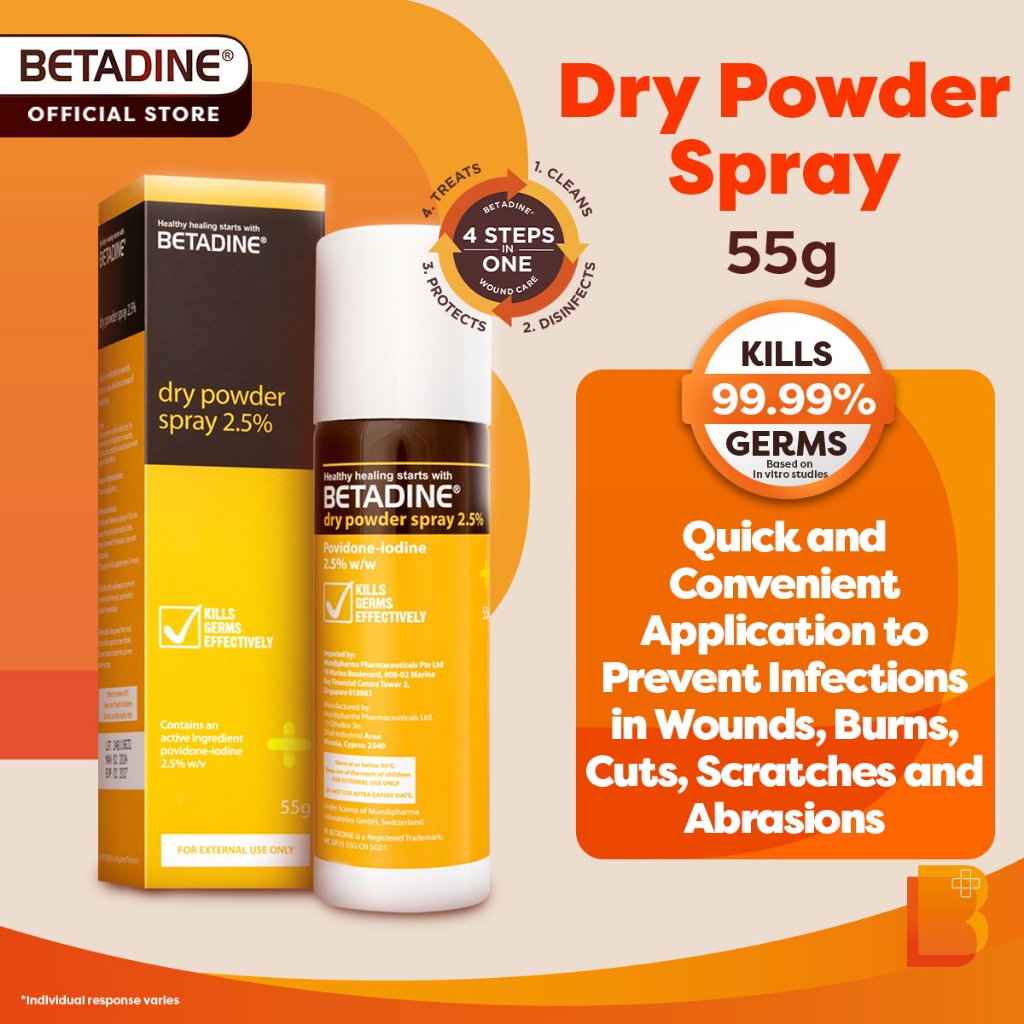 Betadine Antiseptic Dry Powder Spray PVP-I 2.5% for Wound Care 55g [EXP ...