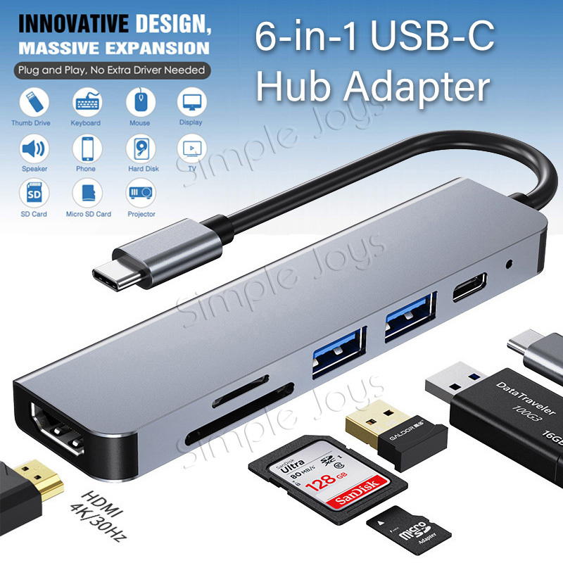 USB Type C Hub, 6-In-1 Adapter With SD/MicroSD Reader 4K HDMI USB 3.0 ...