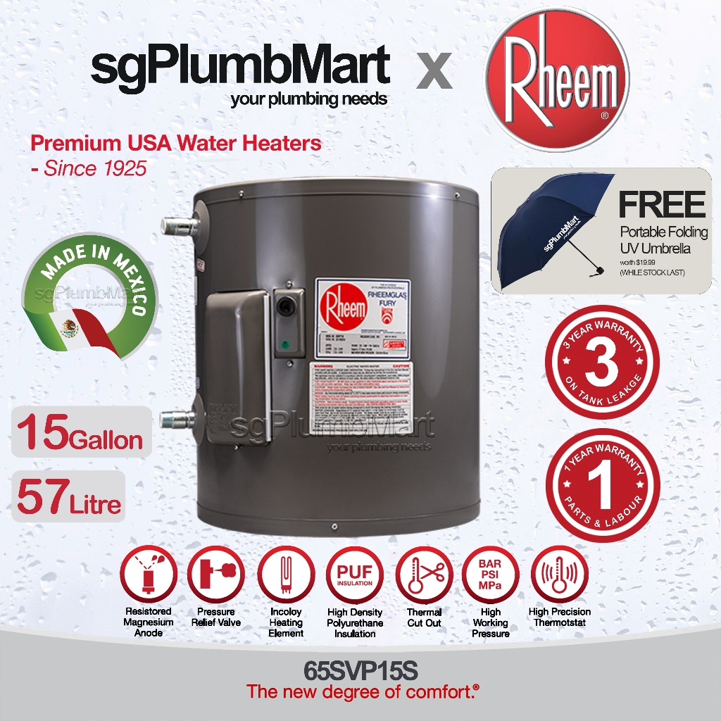 [Made in Mexico] Rheem 15 Gallon Vertical Storage Water Heater 65SVP15S ...