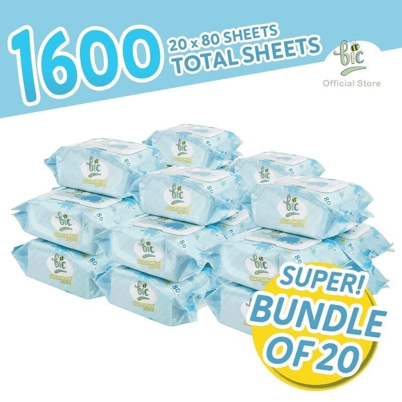 BIC BABY WET WIPES Soft, Baby & Pet Friendly (20 Cap Packets x 80 Sheets Each)