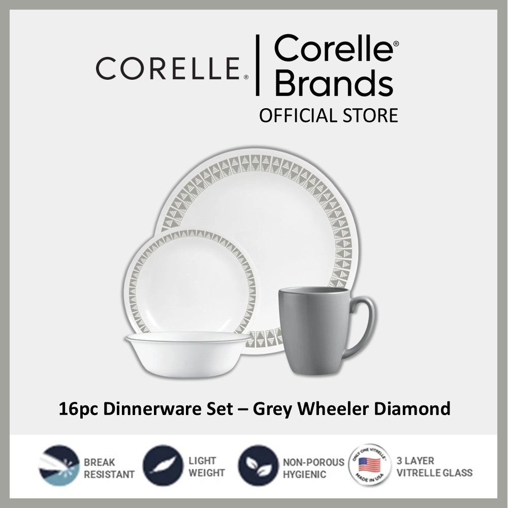 CORELLE 16pc Dinnerware Set - Grey Wheeler Diamond | Shopee Singapore