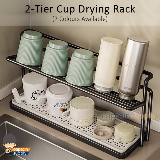 2-Tier Slim Cup Drying Rack Stand with Detachable Draining Tray ...