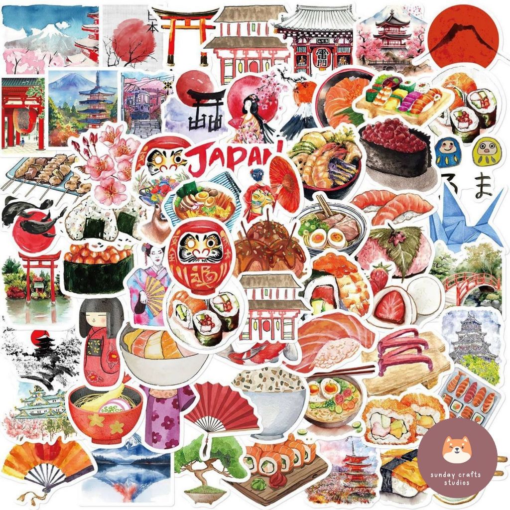 [SG] ️ 64pcs Japan Watercolor Holiday Journal Stickers (Japan Motifs ...