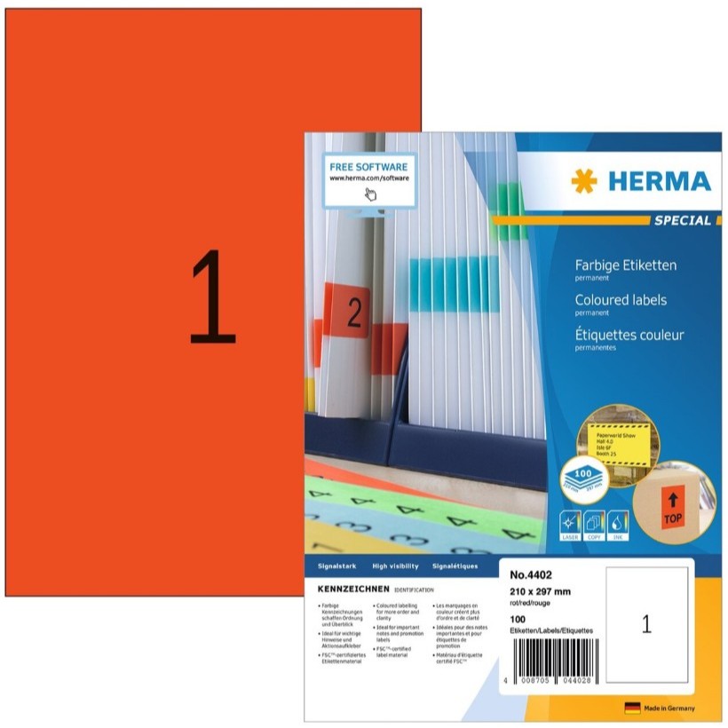 The Office Shoppe - HERMA Coloured Labels A4, 210 x 297 mm, Red ...