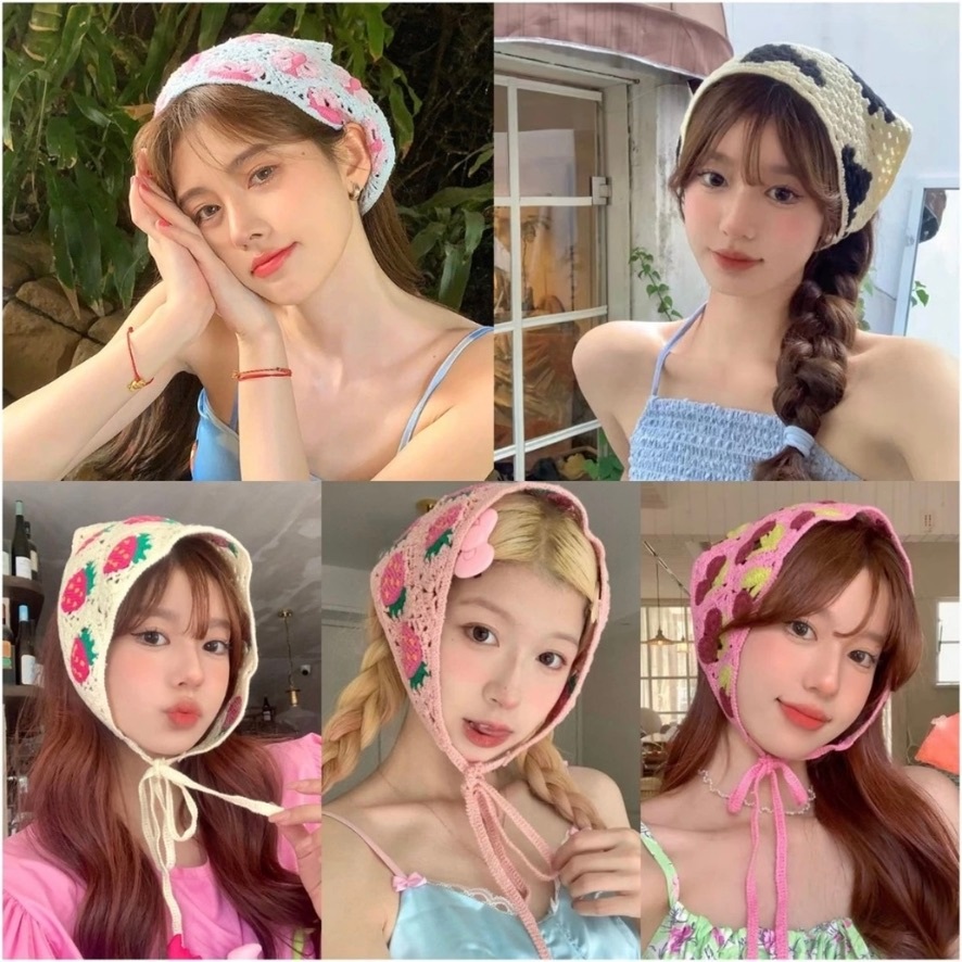 SG seller] hand knitted crochet flower triangular head scarf hair