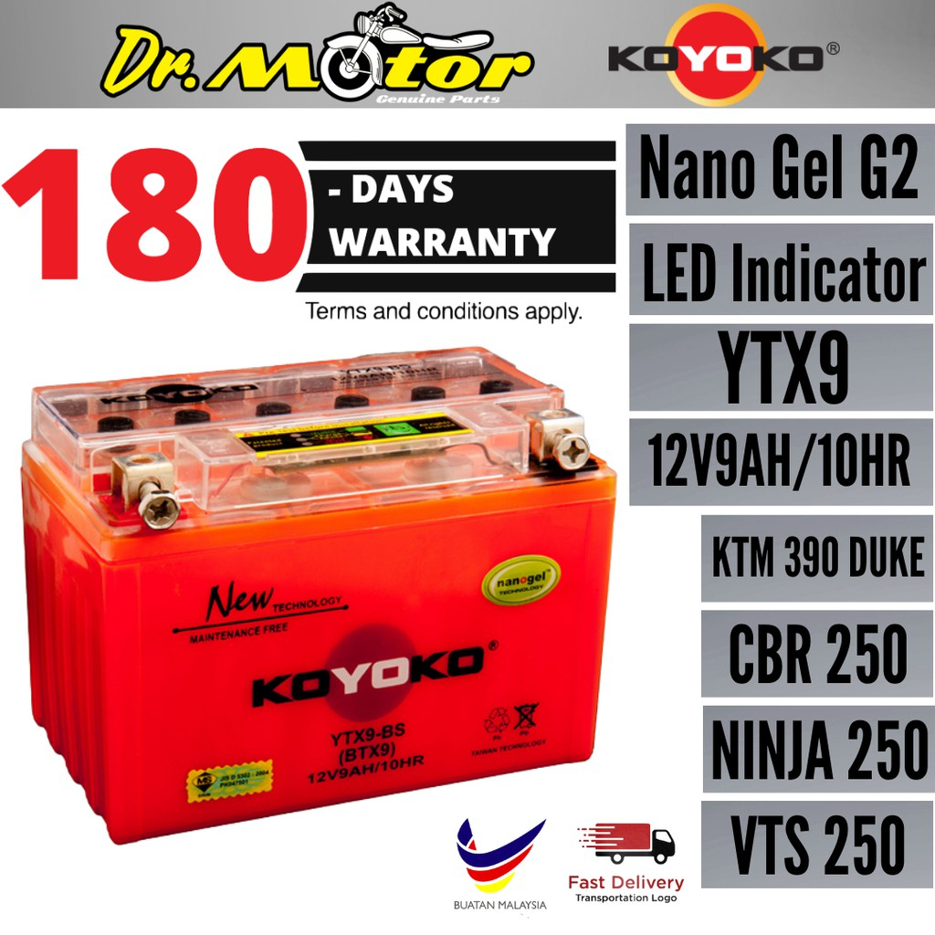 YTX9 BS YTX9 BTX9 Koyoko Gel G2 Battery Batteri Bateri 100 Original KOYOKO Pulsar NS200 RS200 CBR 250 VTS200 250 Shopee Singapore
