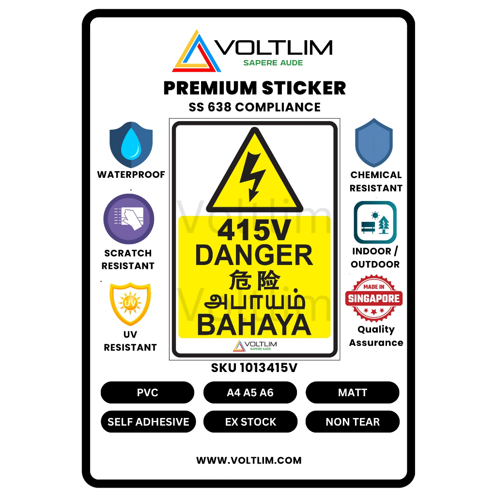 Singapore SS 638 Warning Notice Danger Voltage 400V | 415V A6