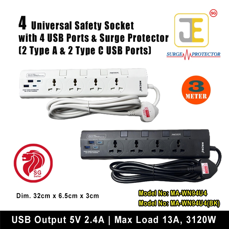 4 Way Universal Safety Extension Socket with 4 USB Port (2A+2C) and ...