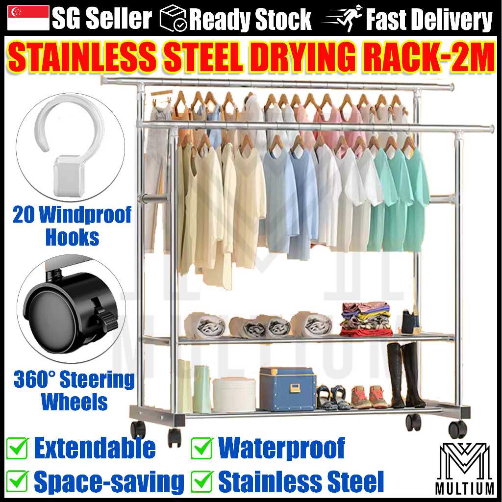 Stainless Steel 2M 2 tiers Laundry Rack Clothes Drying Rack Portable ...