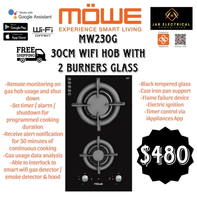 [SG SELLER, HOT PROMO] MOWE MW230G 30CM WIFI HOB WITH 2 BURNERS GLASS ...