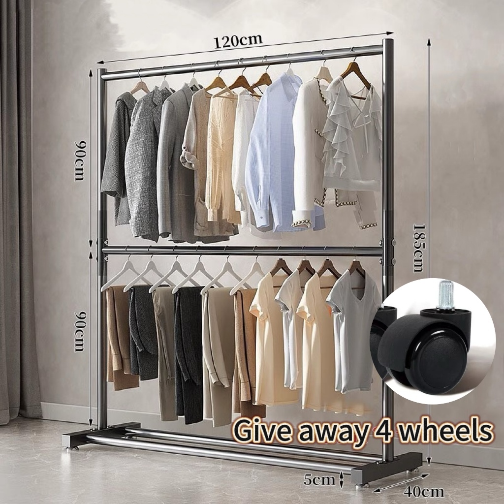 Double-layer clothes hanger Steel storage rack Movable drying rack ...