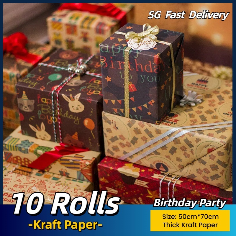 [10 rolls] Birthday Kraft Thick Paper DIY Gift Wrapping Paper Present ...
