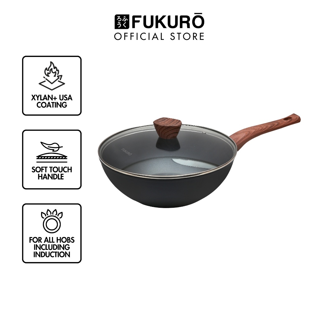 Fukuro Non-Stick Wok Pan with Lid Aluminium Core With Xylan Non-Stick ...