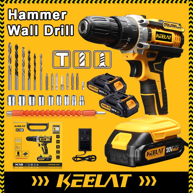 KEELAT 20V Impact Drill Cordless Hammer Screwdriver 3 Modes Portable ...