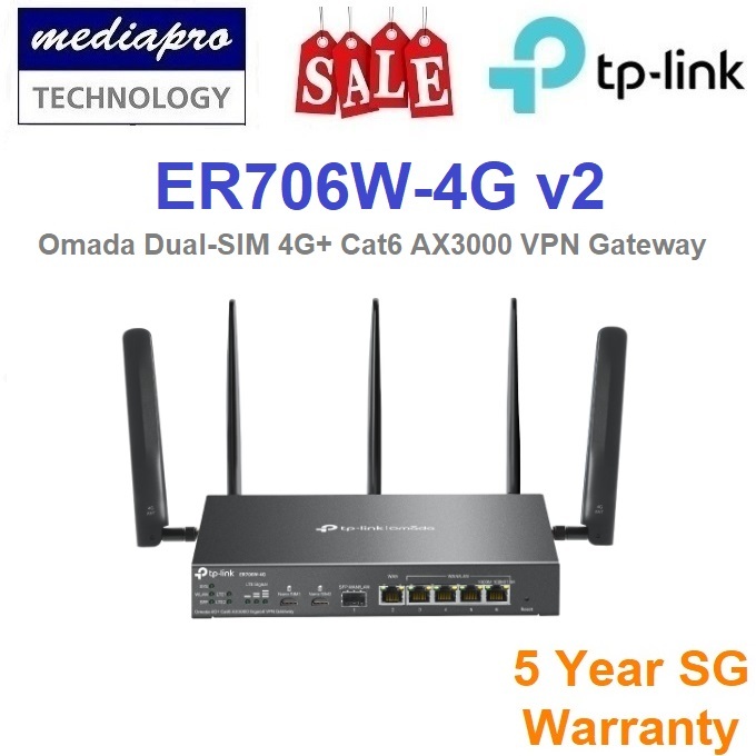 TP-LINK ER706W-4G V2 Omada 4G+ Dual-SIM Cat6 AX3000 Gigabit VPN Router ...