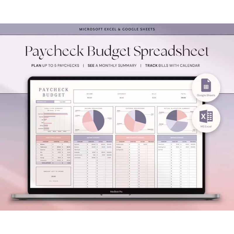 Automated Paycheck Monthly Budget Template with Excel Google Sheets ...