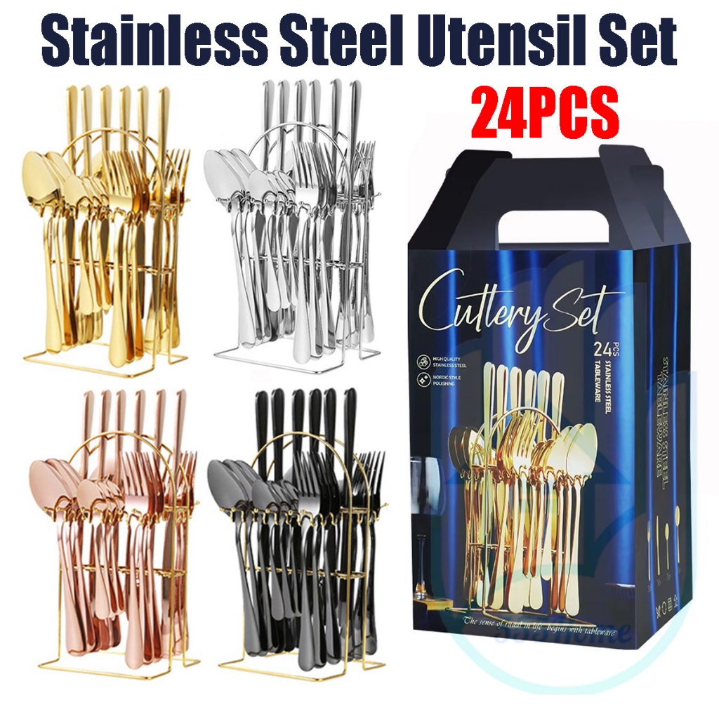 [SG] 24pcs Stainless Steel Cutlery Set / Spoon and Fork Hanging Utensil ...