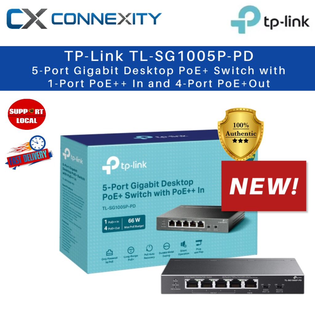 TP-LINK TL-SG1005P-PD 5-Port Gigabit Desktop PoE+ Switch with 1-Port ...