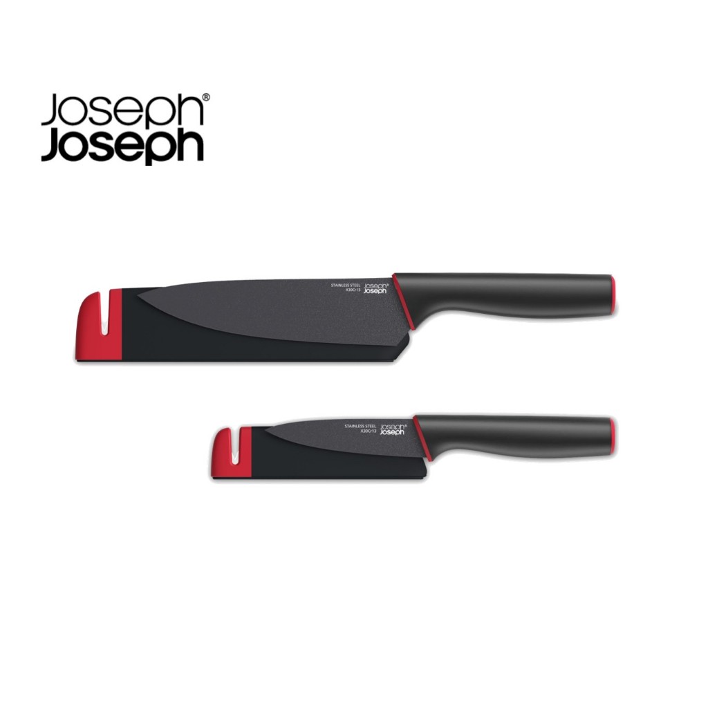 Joseph Joseph Duo Set di Coltelli da Cucina Professionali, Lama da 9-16 cm in Acciaio Inox Giapponese, con Coltello da Chef, Guaina protettiva, Manico Nero, 3 Pezzi