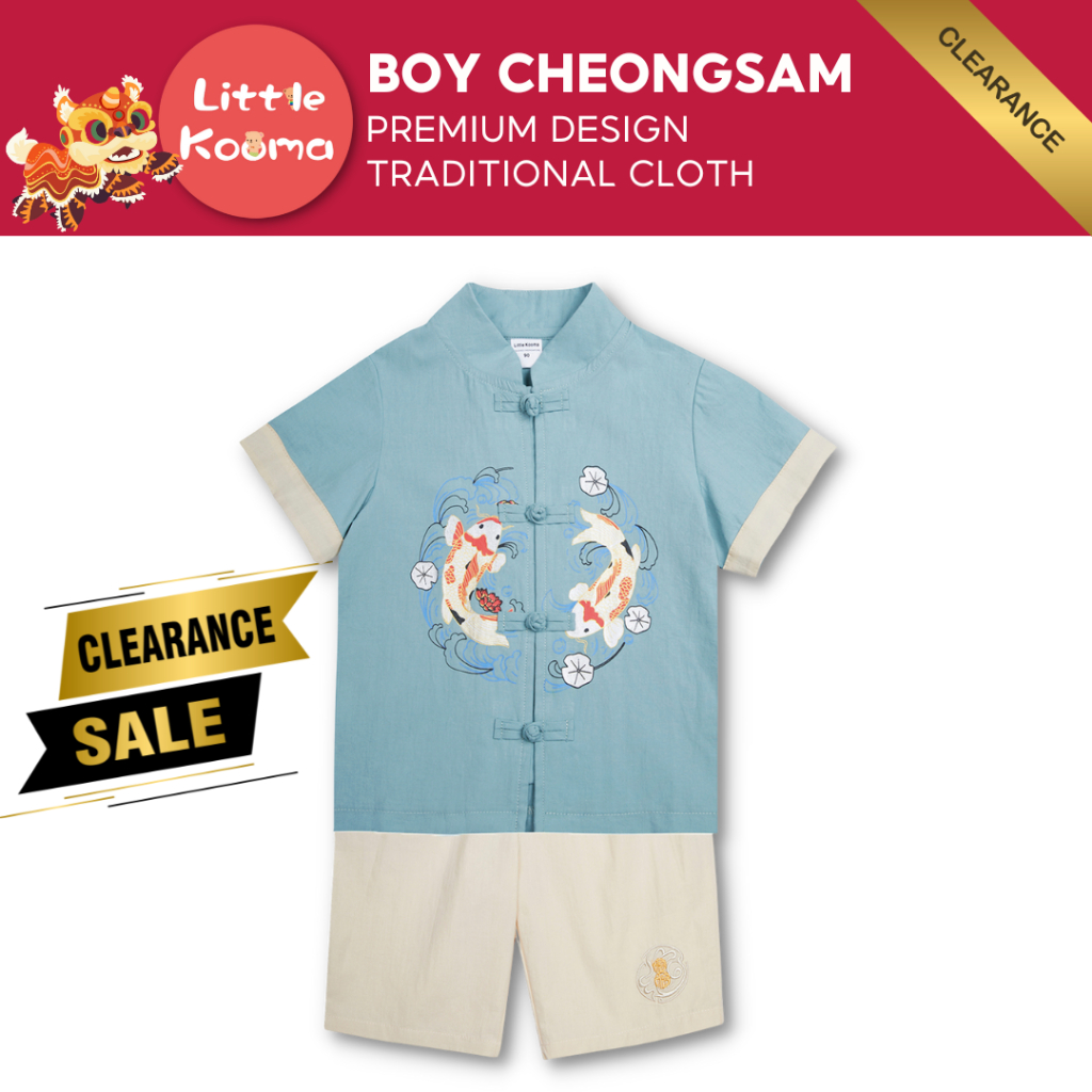 Singapore Souvenir Gift Baby Kids Boys Fake Two Piece Cheongsam Set Blue Top n Black Shorts CNY Chinese New Year Outfit