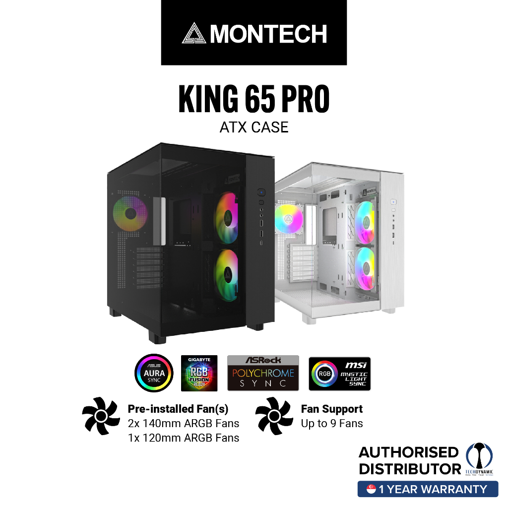 MONTECH KING 65 Pro ATX Mid Tower Gaming PC Case - Black & White ...