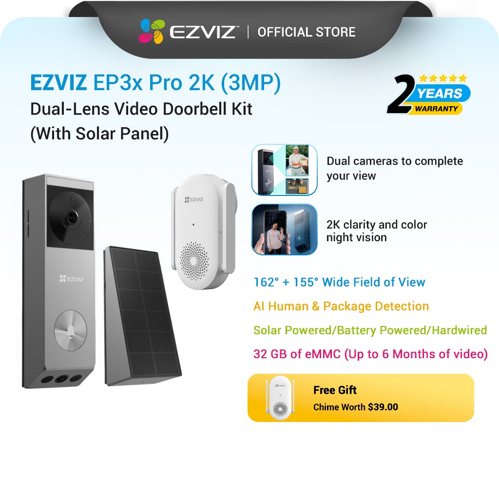 EZVIZ EP3X Pro 2K 3MP Smart Doorbell Security Camera Home