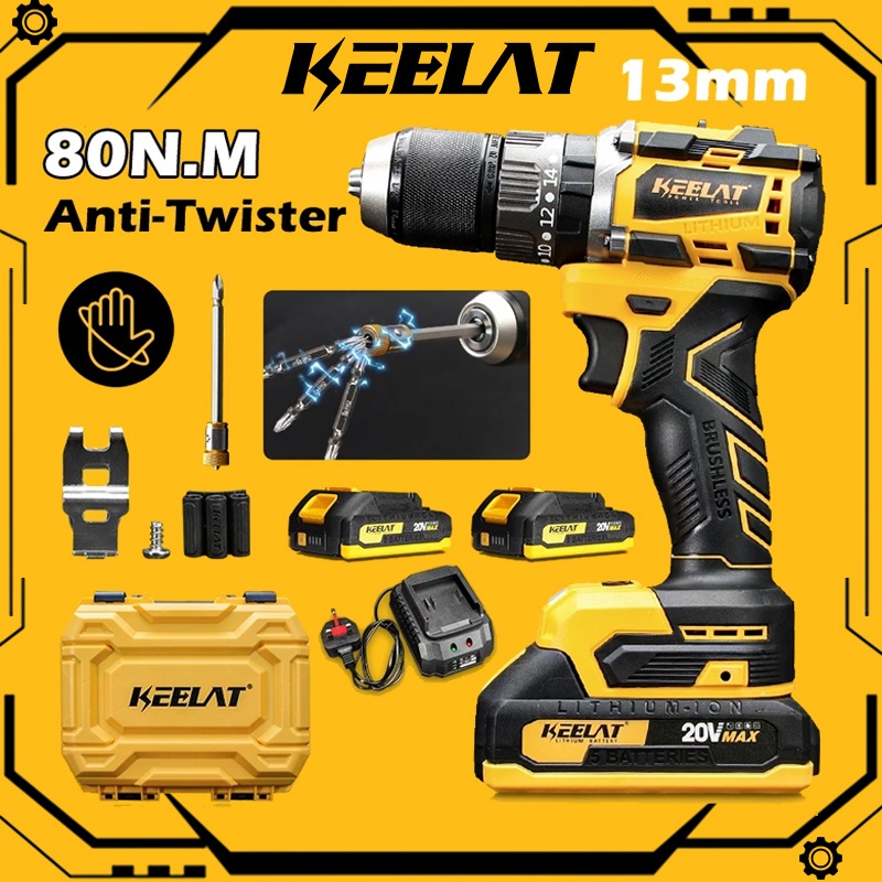 KEELAT KCD012 Brushless Anti-Kickback 13MM 20V Cordless Drill Set Heavy ...
