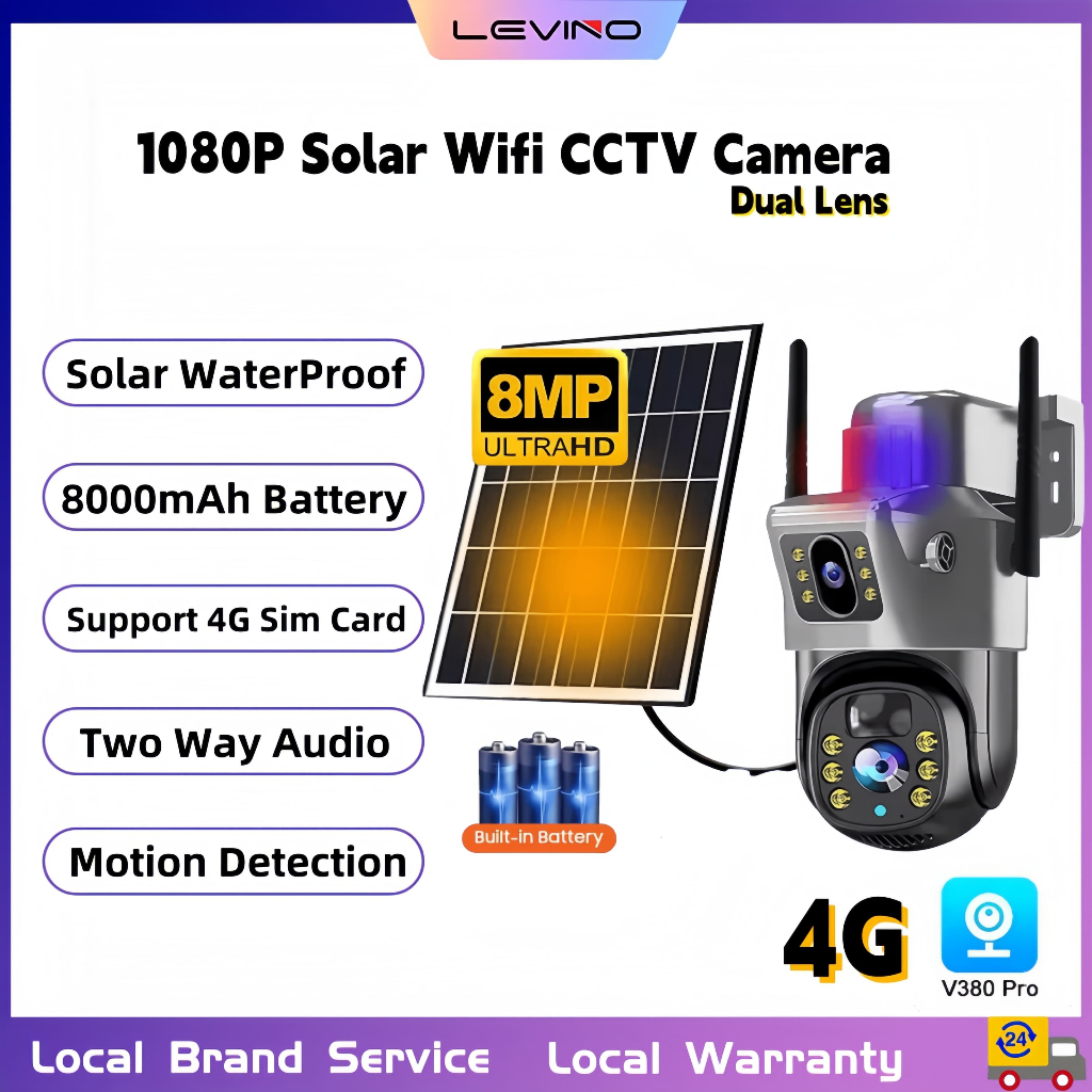 LEVINO 8MP Outdoor Solar Camera HD Night Vision Dual Lens WIFI IP CCTV ...