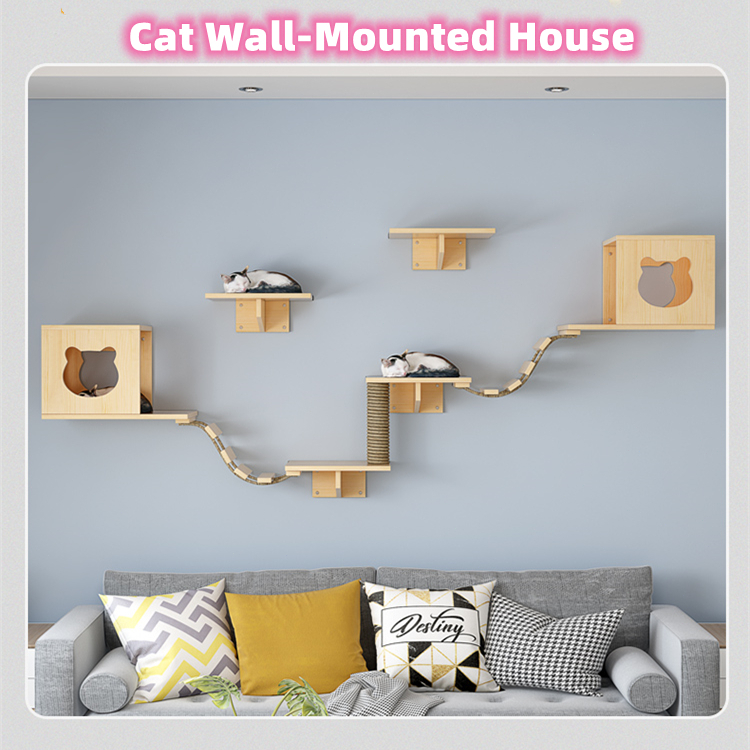 Cat Wall Mounted House Wood Cat Climbing Frame Hanging Nest Platform ...