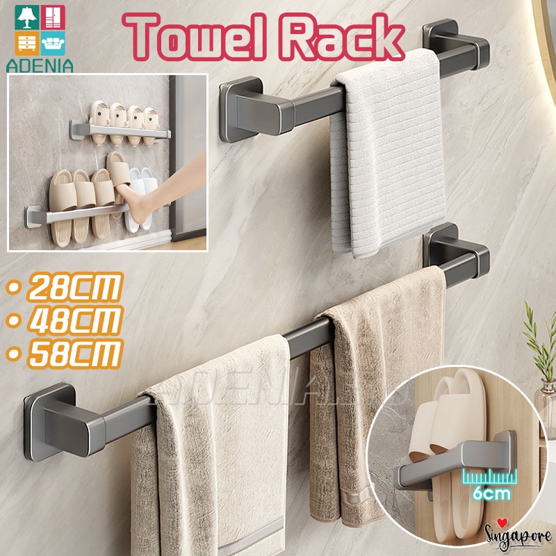 【SG】58CM Aluminium Towel Rack Bathroom Towel Hanger No Drill Slippers ...