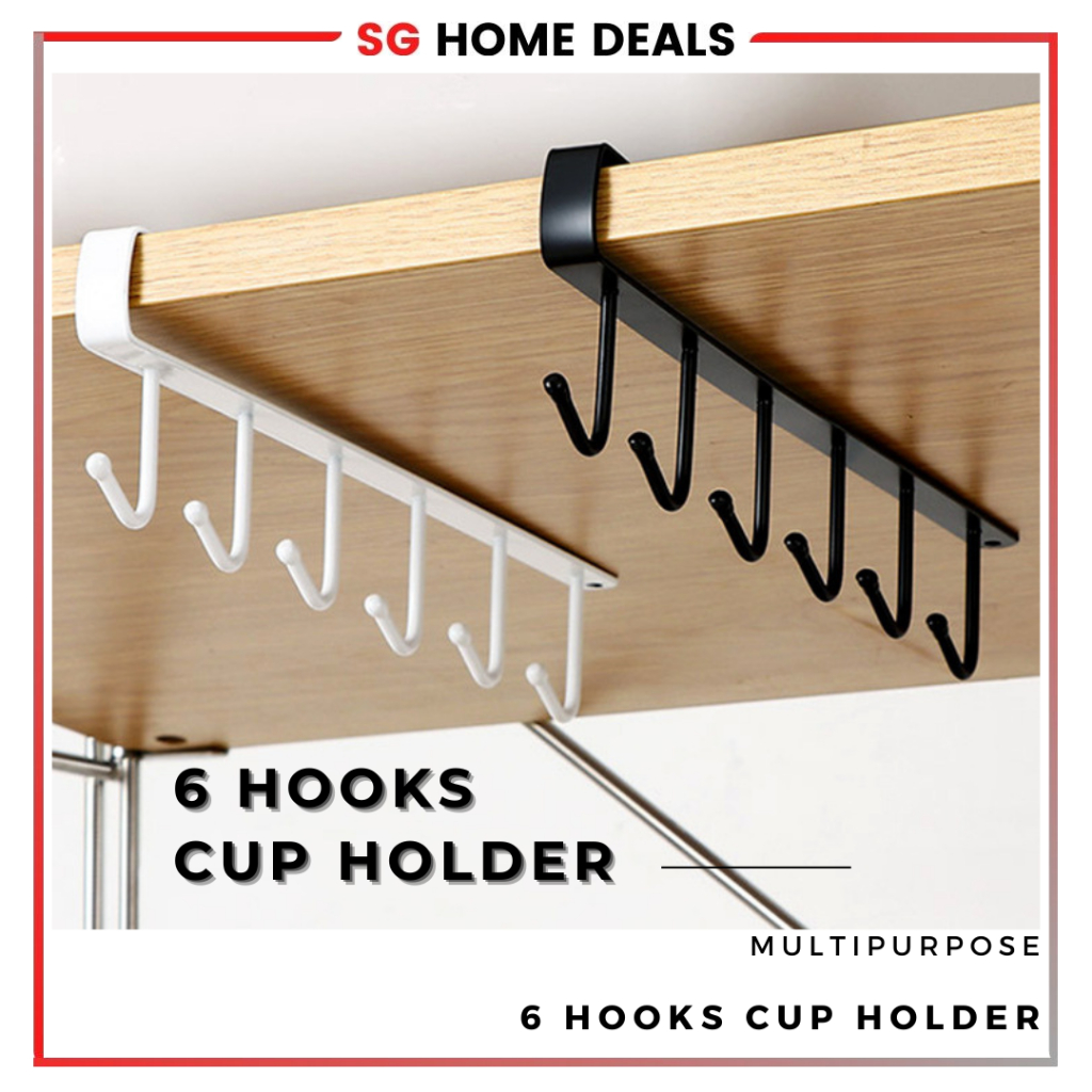 [SG STOCKS] 6 Hooks Cup Holder Hang Kitchen Cabinet Under Shelf Storage ...