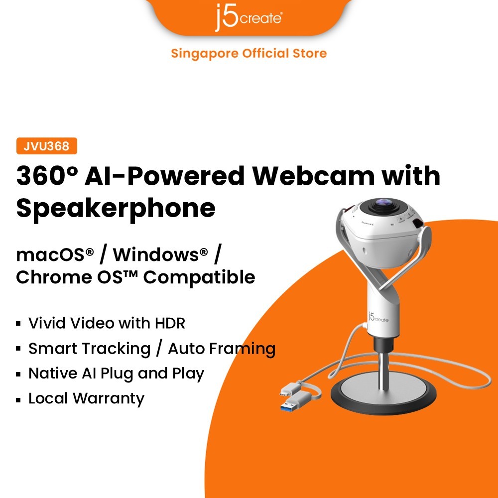 J5CREATE JVU368 360 AI-Powered Webcam with Speakerphone, Smart-Tracking ...