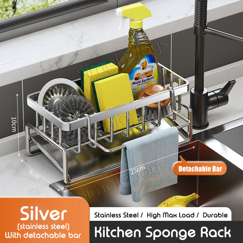 Sponge Holder For Kitchen Sink With Towel Hanger Bar Detergent Rack ...