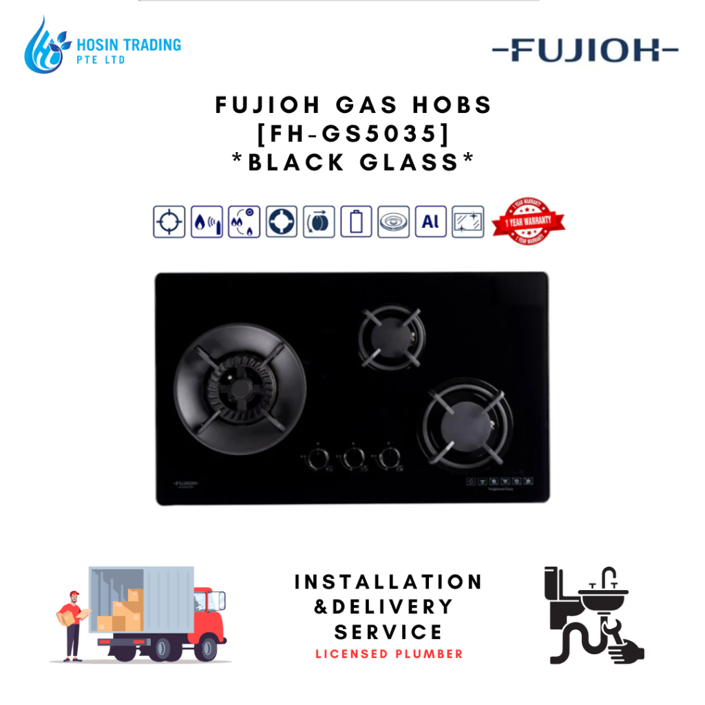 FUJIOH FH-GS5035 Gas Hob with 3 Burners (Black Glass / Stainless Steel ...